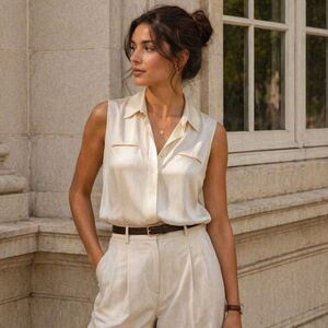 Jamison 100% Silk Sleeveless Blouse Small White Button Down Chic Light Academia